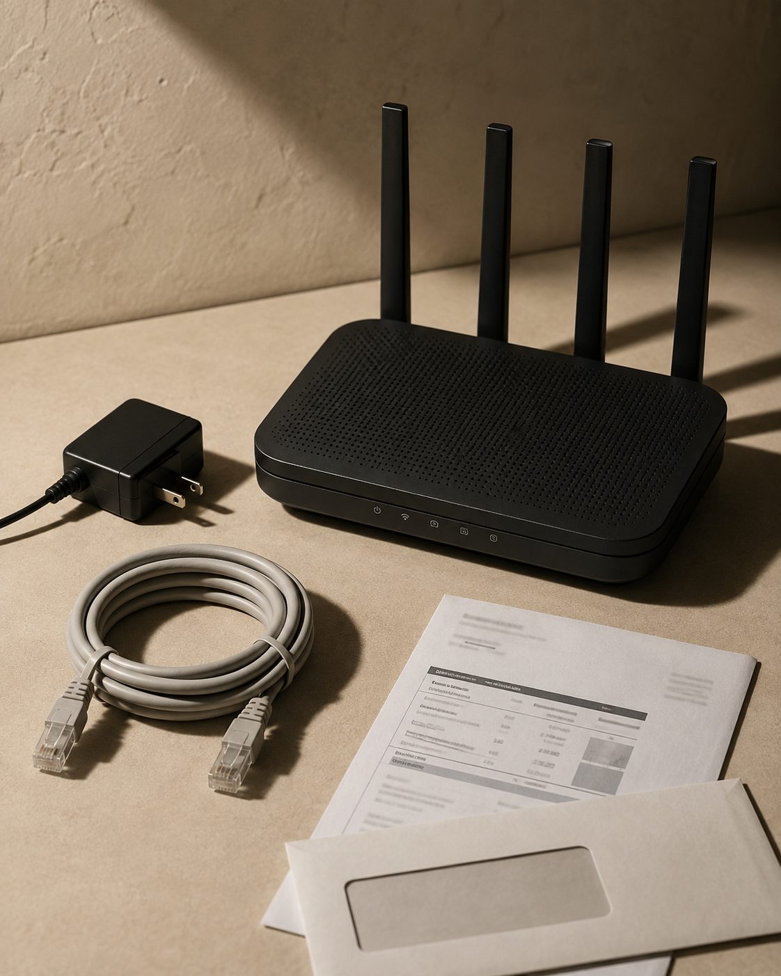 A home router, ethernet cable and an internet bill on a desk